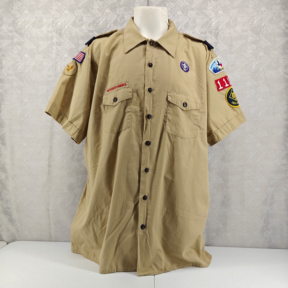 Boy Scouts of America Shirt Mens 3XL XXXL Tan Short Sleeve Patches Made USA BSA